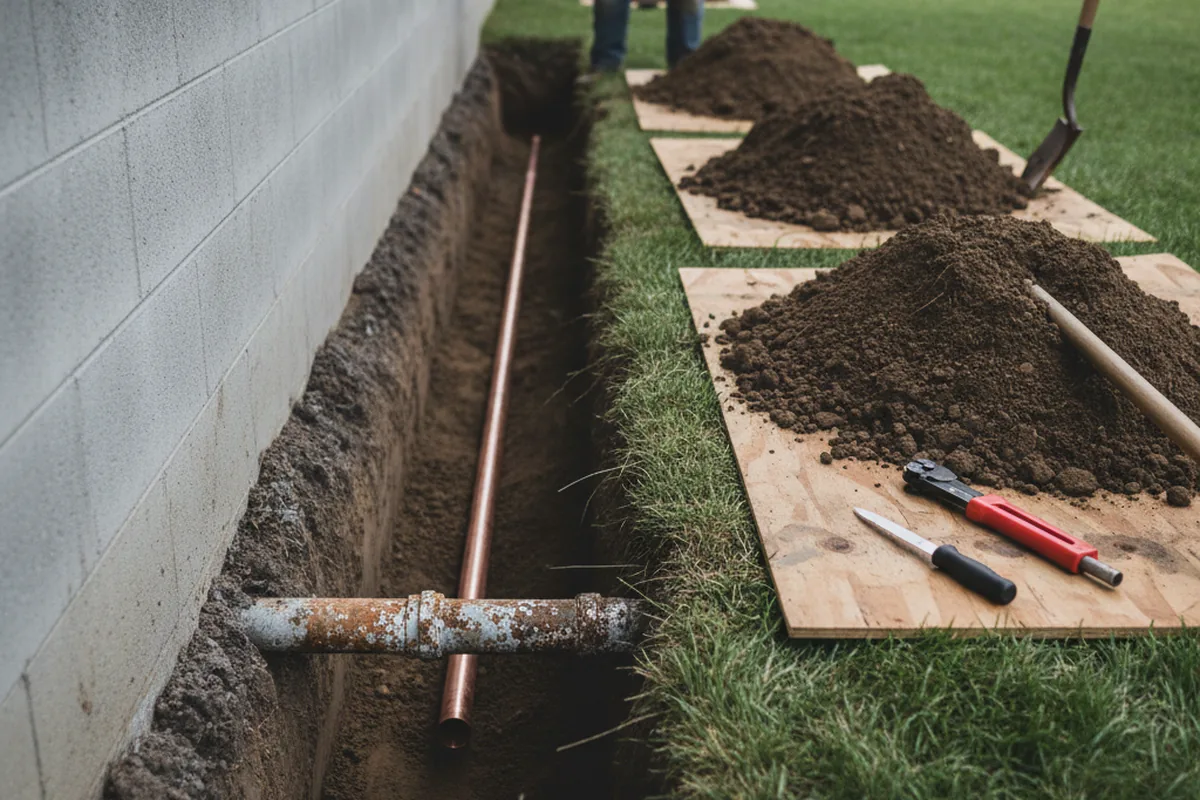 Excavated water line trench during Sewer Line Repair in Burson
